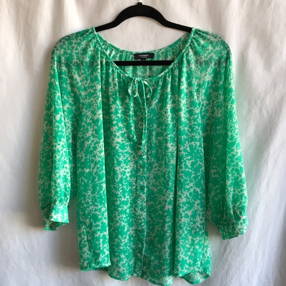 Premise cream and green semi-sheer blouse, size L